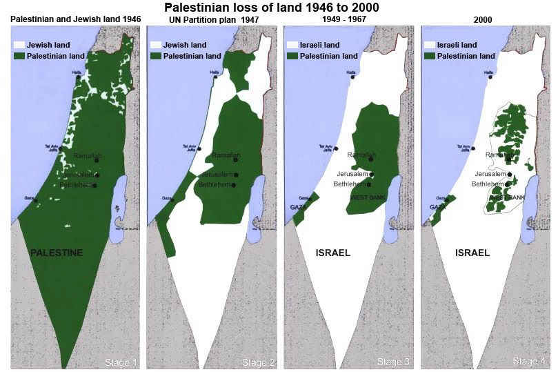 Tanah Palestina yang dicaplok Israel dari tahun ke tahun. Warna hijau menunjukkan wilayah Palestina. (buchanan.org) Israel_stealing_palestine Tanah Palestina yang dicaplok Israel dari tahun ke tahun. Warna hijau menunjukkan wilayah Palestina. (buchanan.org)