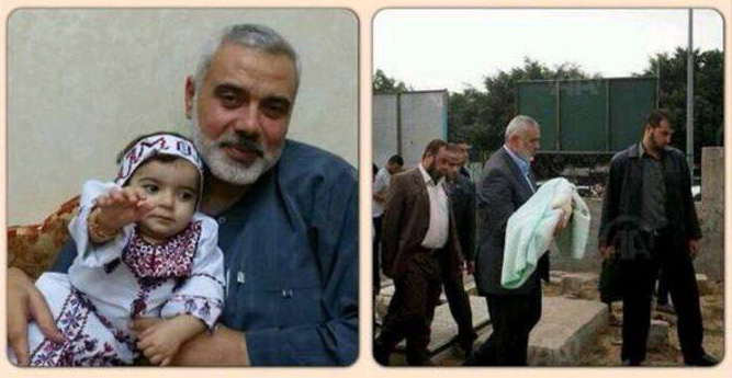 (kiri) PM Palestina Ismail Haniyah bersama Amal, cucunya semasa hidup. (kanan) Sang Kakek menggendong jenazah cucu tercinta. foto: PIC