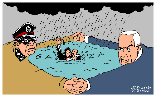 Kartunis Brazil Carlos Latuff menggambarkan kerja sama serius PM zionis Benyamin Netanyahu dan pemimpin rezim militer Mesir Abdul Fattah As-Sisi dalam menghambat bantuan bagi rakyat Gaza yang kebanjiran. gambar: Carlos Latuff
