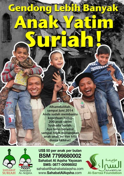 Silakan klik gambar untuk perbesar ukurannya. Poster resmi program bantuan untuk yatim syuhada Suriah. Foto dan Desain: Sahabat Al-Aqsha | Sahabat Suriah