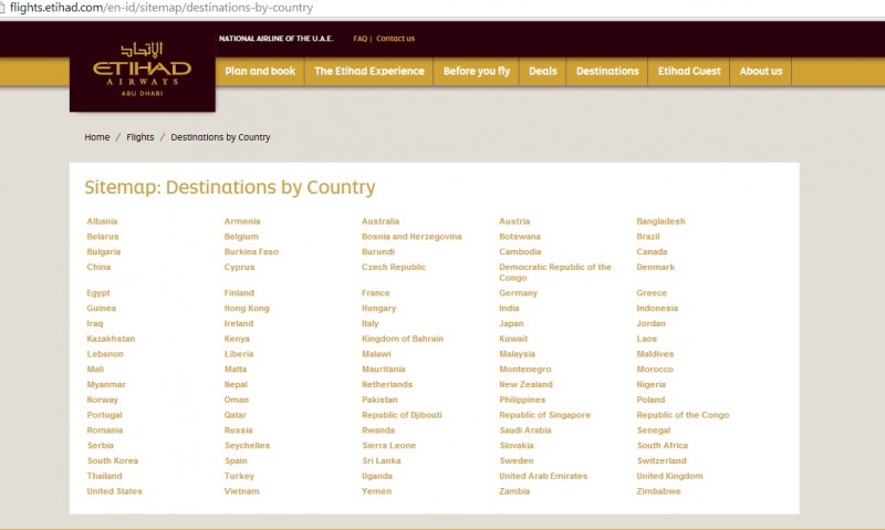 Maskapai Etihad kini tidak lagi mencantumkan 'Israel' di peta penerbangan mereka. Sumber: Website Etihad Airways