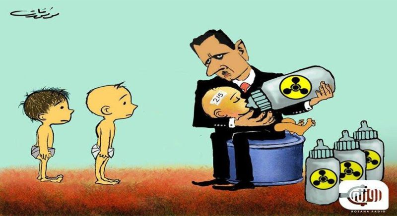 Karikatur Presiden Suriah Bashar Al-Assad menyuapi bayi dengan limbah beracun. Sumber: Middle East Monitor 